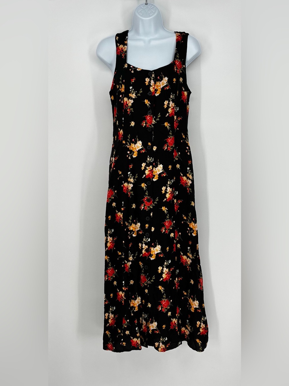 The Workshop Floral Midi Maxi Dress Button Front Tie Back Black Medium